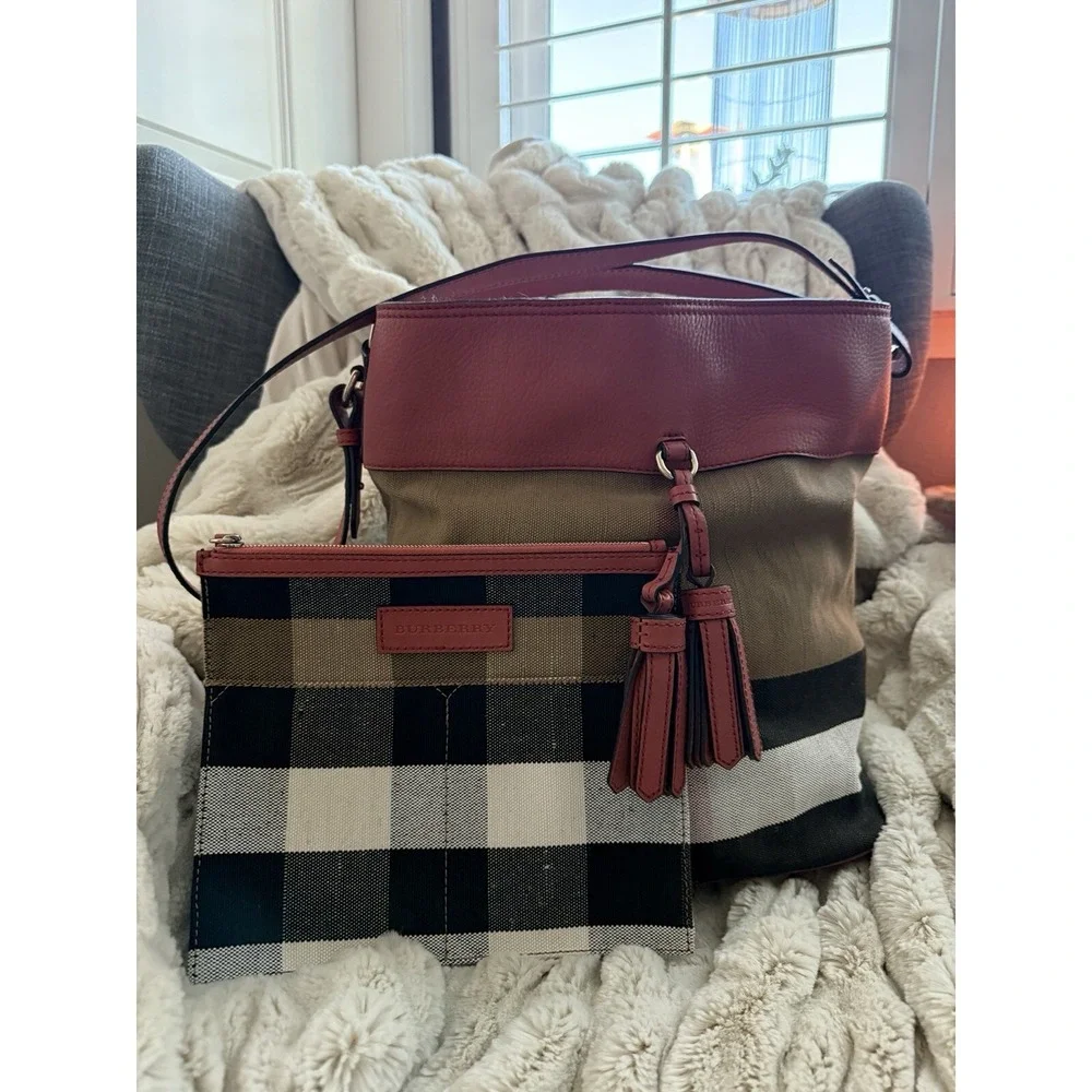 Burberry Grainy Calfskin Canvas Mega Check Medium Ashby Tassel Hobo Pink